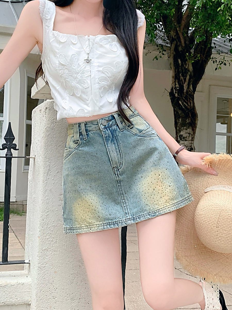Women's High-Waisted Rhinestone Denim Skort, Gradient Wash Sparkly A-Line Mini Skirt With Built-in Shorts