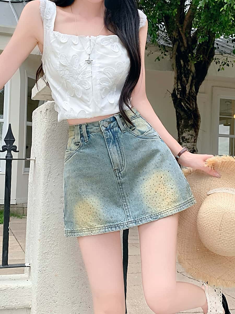 Women's High-Waisted Rhinestone Denim Skort, Gradient Wash Sparkly A-Line Mini Skirt With Built-in Shorts
