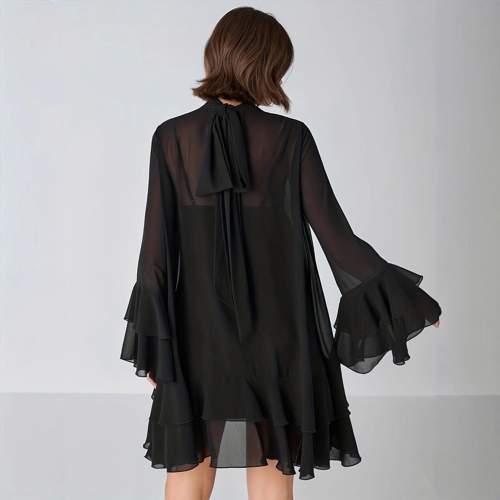 Chiffon Half-high Neck Dress With Flared Sleeves