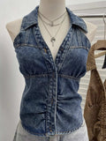 Smocked Denim Halter Collar Top