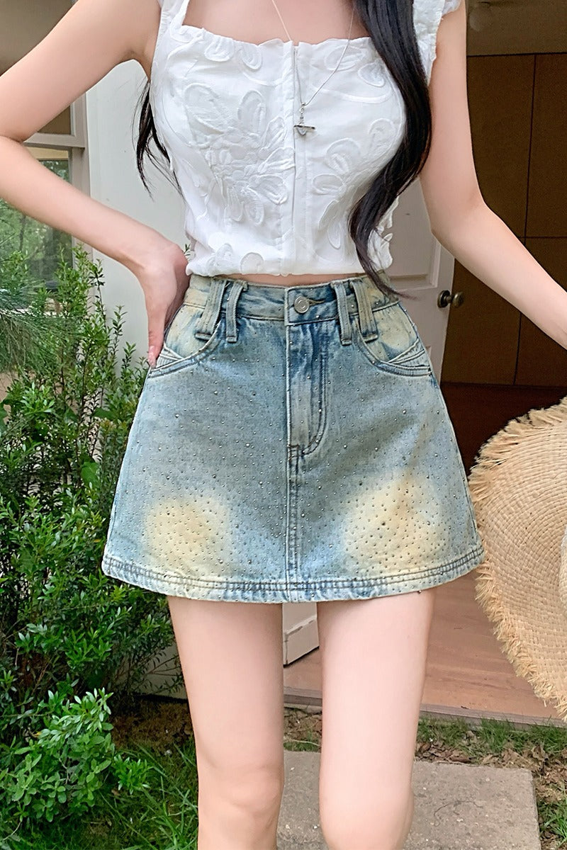 Women's High-Waisted Rhinestone Denim Skort, Gradient Wash Sparkly A-Line Mini Skirt With Built-in Shorts