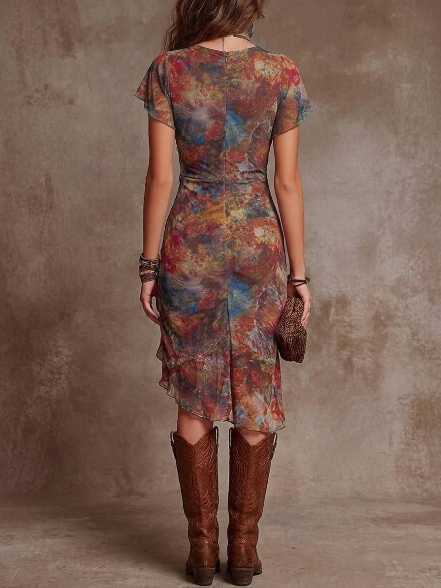 Womens Slim-fit Printed V-neck Defined-waist Dress