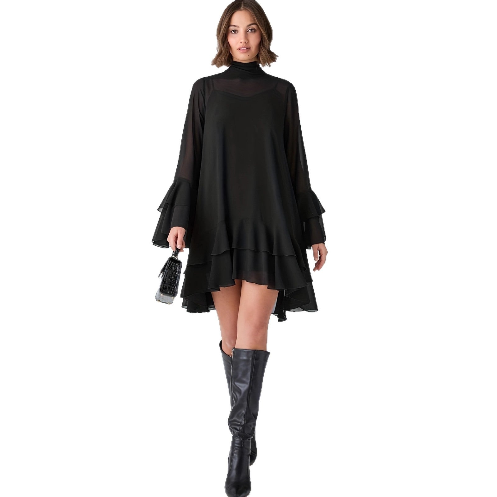 Chiffon Half-high Neck Dress With Flared Sleeves