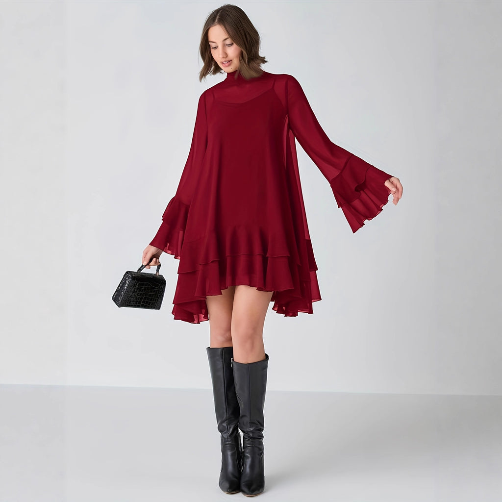 Chiffon Half-high Neck Dress With Flared Sleeves