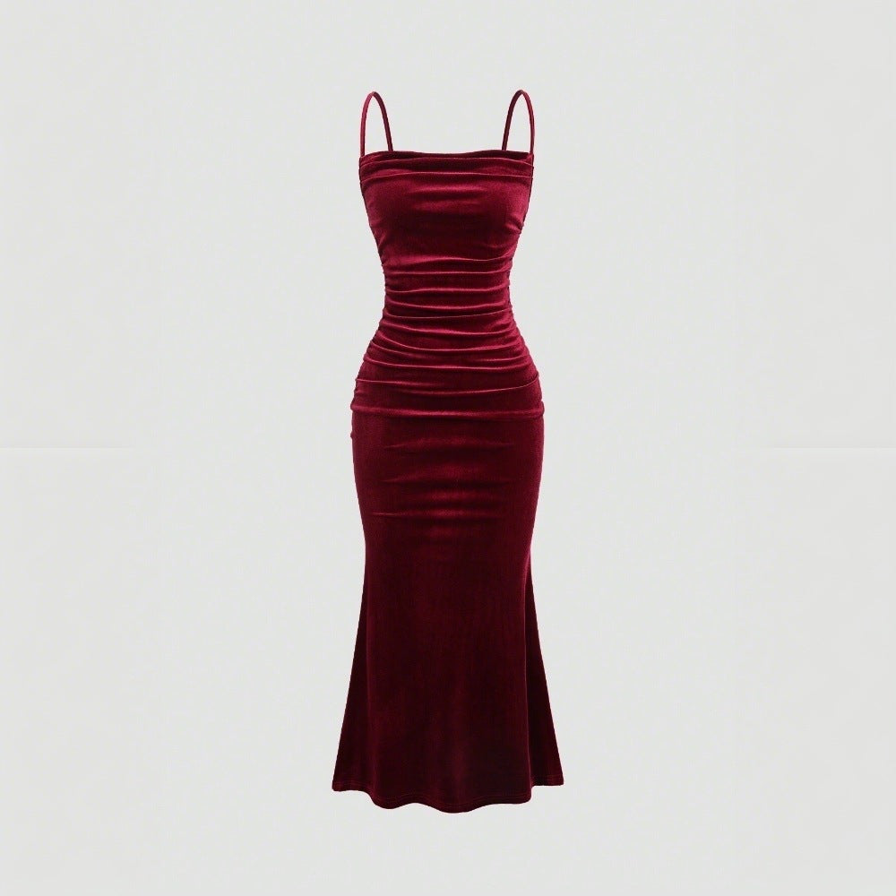European And American Women's Velvet Strapless Dress, Mid-length Banquet Dress With Elegant Temperament
