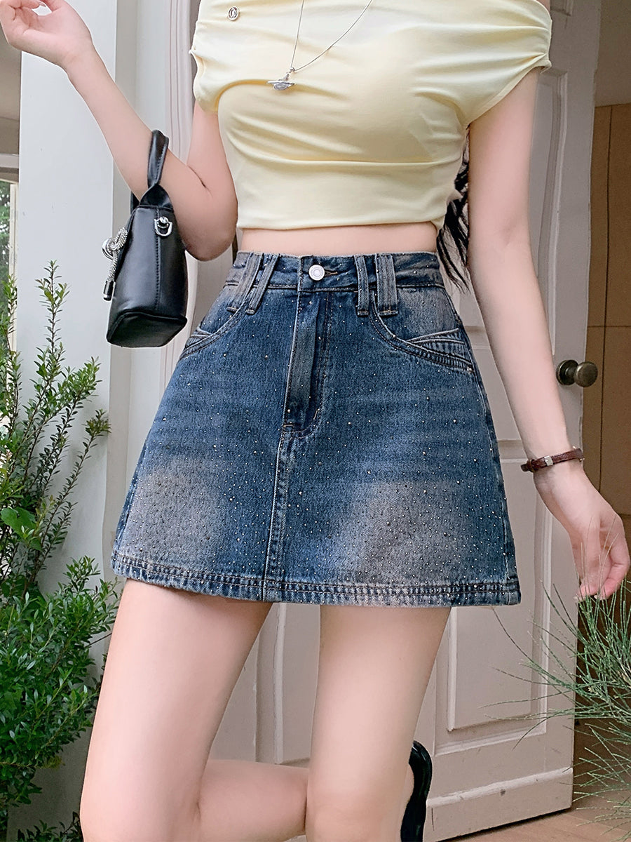 Women's High-Waisted Rhinestone Denim Skort, Gradient Wash Sparkly A-Line Mini Skirt With Built-in Shorts