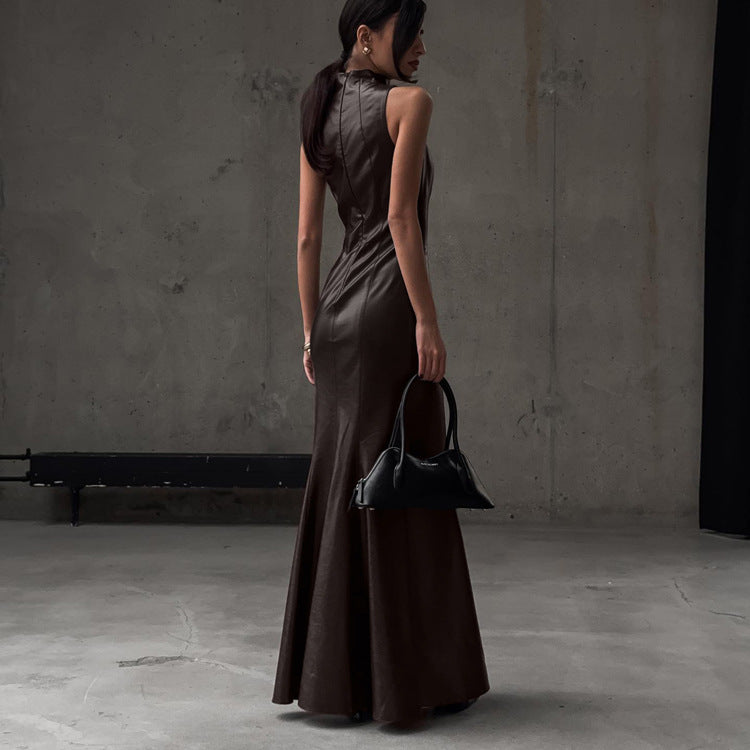 Stylish High-waisted Maxi Dress With Stand-up Collar