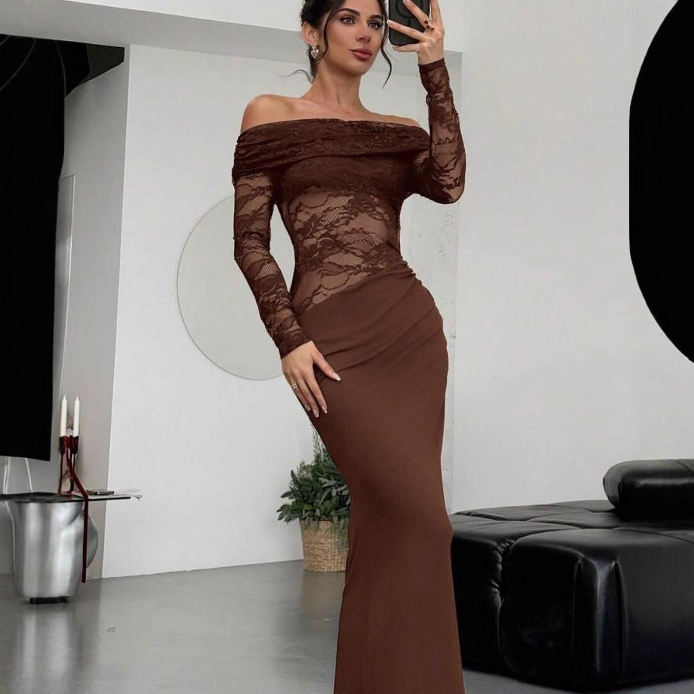 Womens Sexy Hollow-Out Lace Long-Sleeve Dress