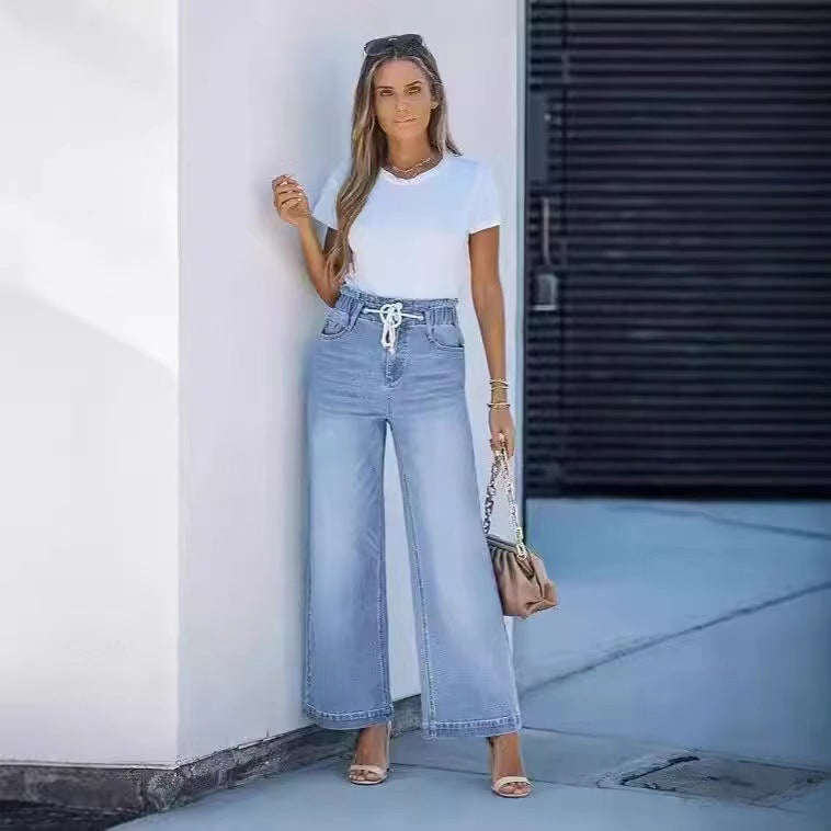 Wide-leg High-waisted Elastic-waist Loose-fit Denim Jeans For International Trade