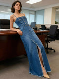 Sleeveless Frayed Hem Slit Denim Dress Women