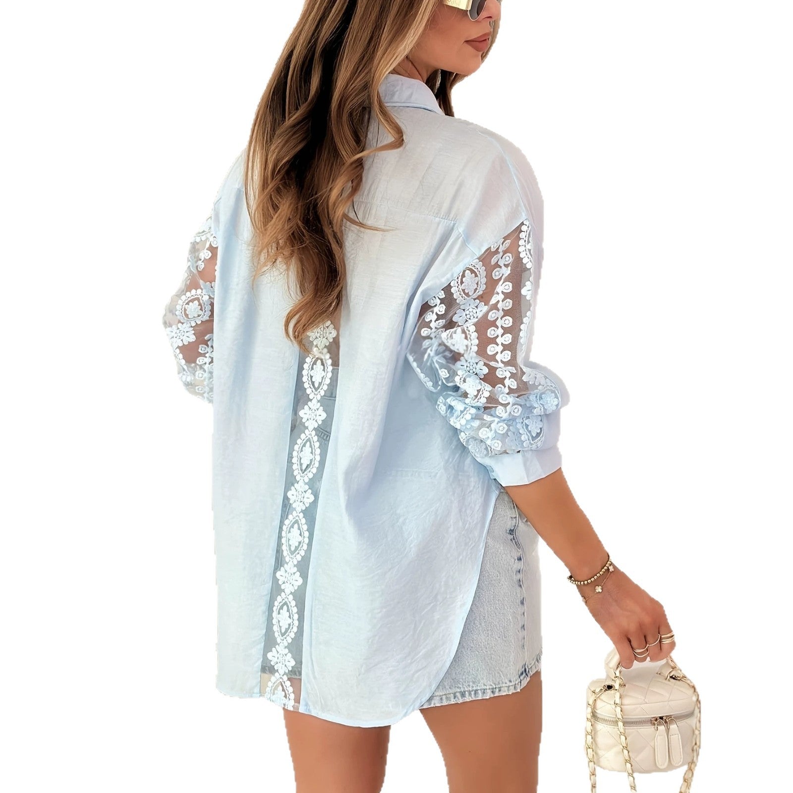 Womens Solid-Colored Casual Lace Embroidered Hollow-Out Long-Sleeve Shirt
