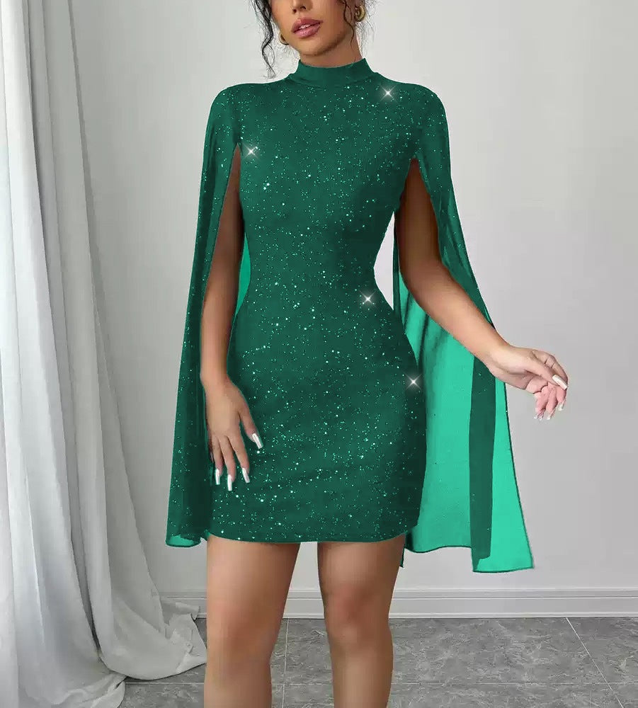 Sequin Shawl-Sleeve Dress
