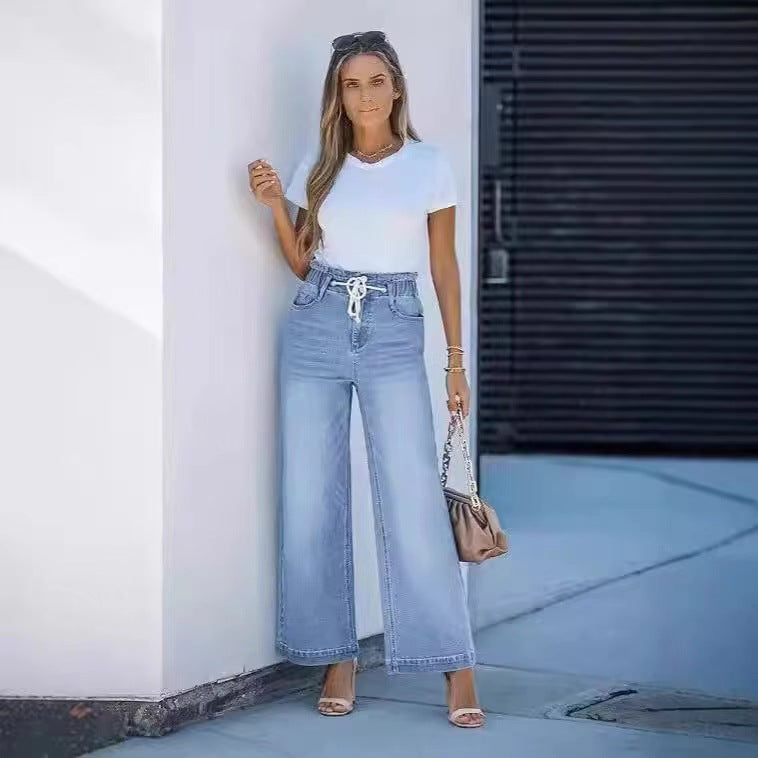 Wide-leg High-waisted Elastic-waist Loose-fit Denim Jeans For International Trade
