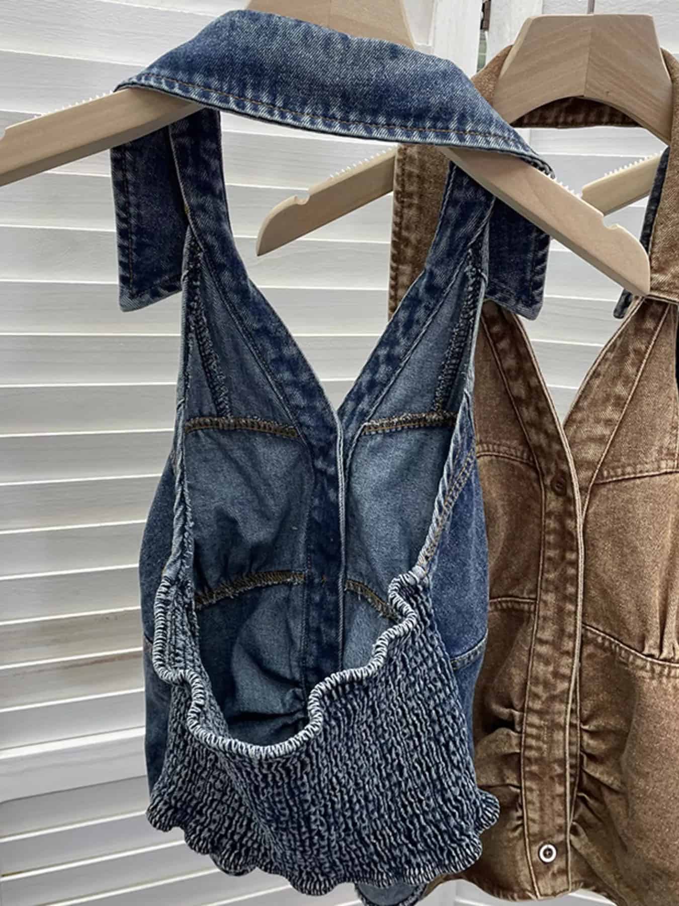 Smocked Denim Halter Collar Top