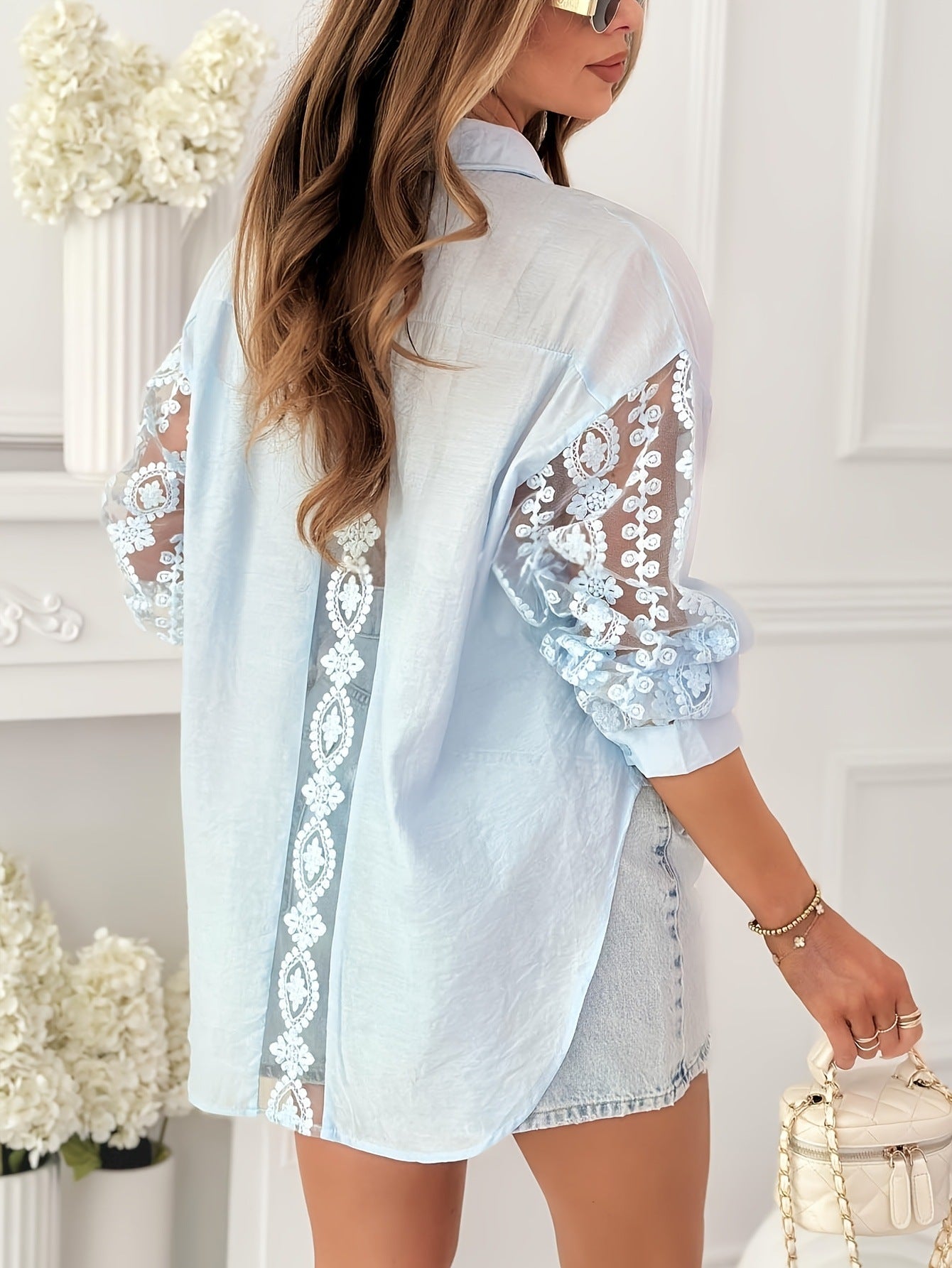 Womens Solid-Colored Casual Lace Embroidered Hollow-Out Long-Sleeve Shirt