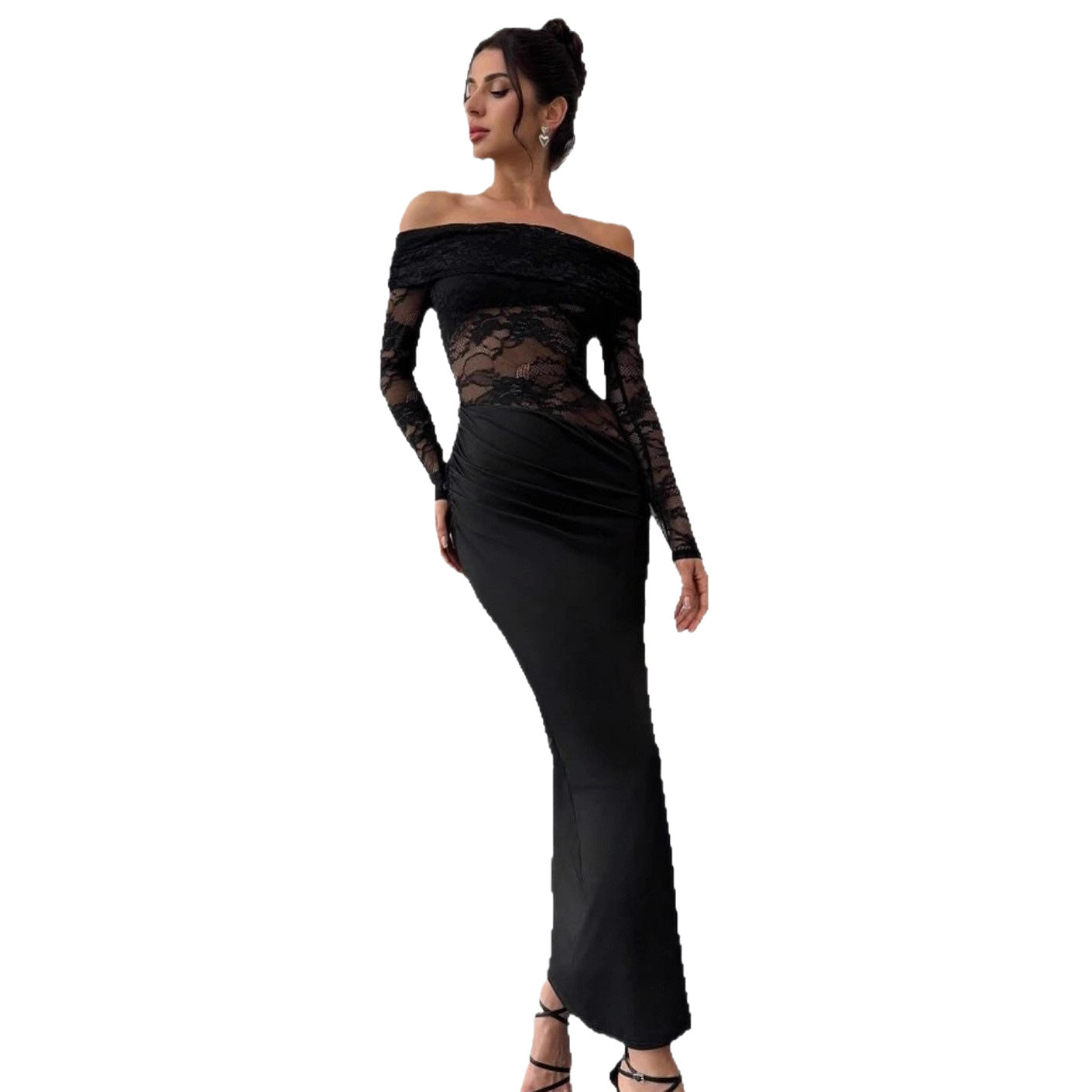 Womens Sexy Hollow-Out Lace Long-Sleeve Dress