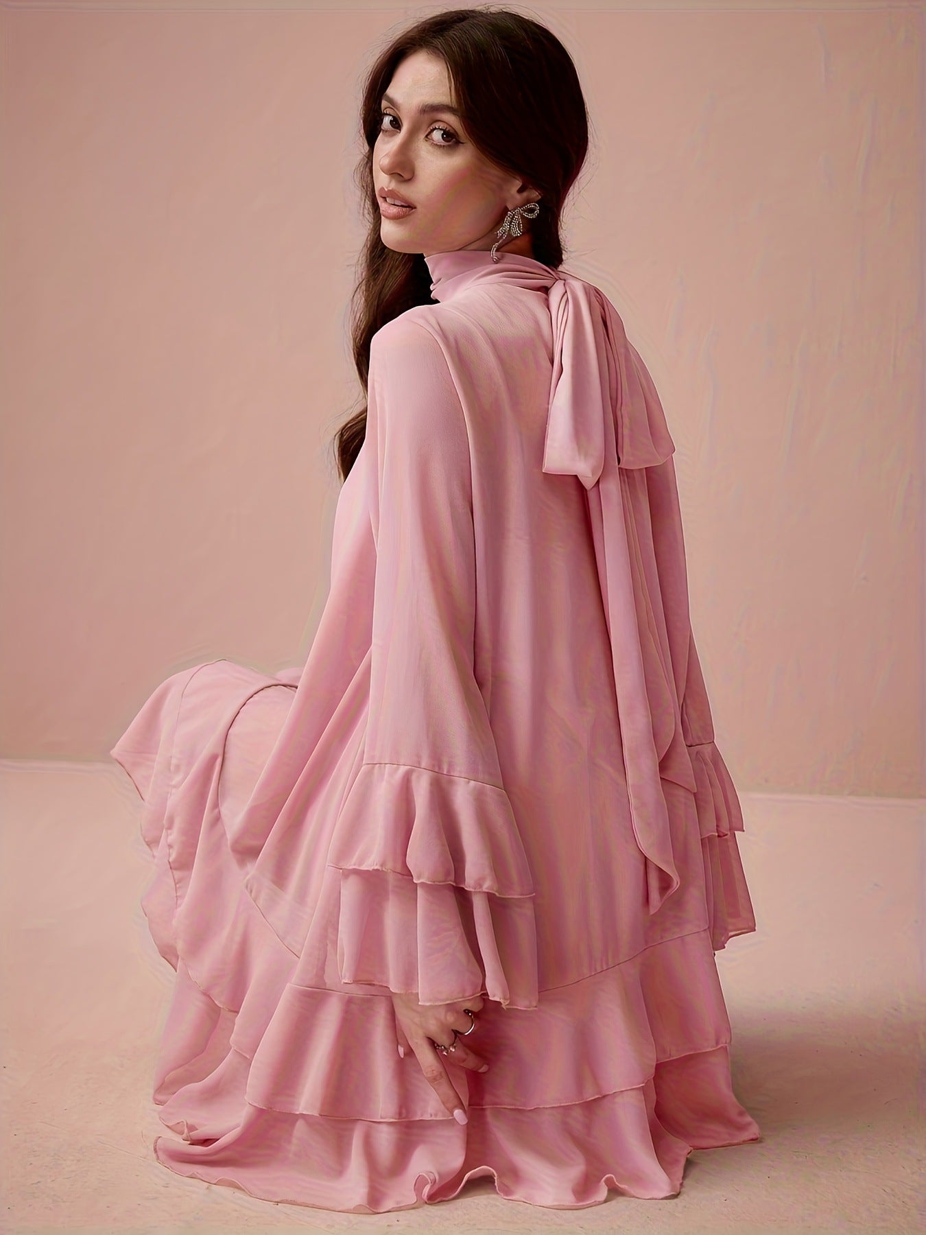 Chiffon Half-high Neck Dress With Flared Sleeves