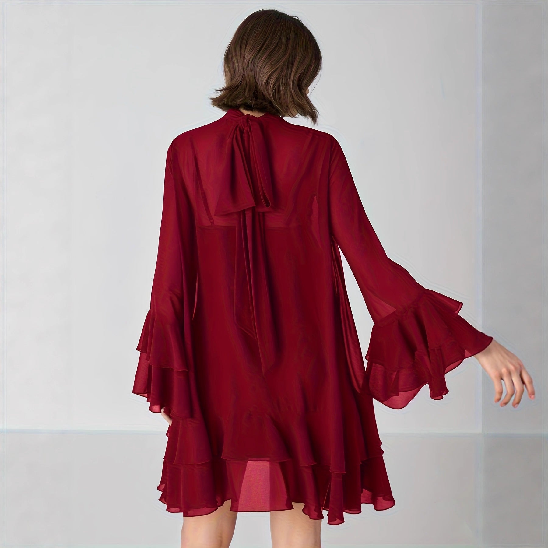 Chiffon Half-high Neck Dress With Flared Sleeves