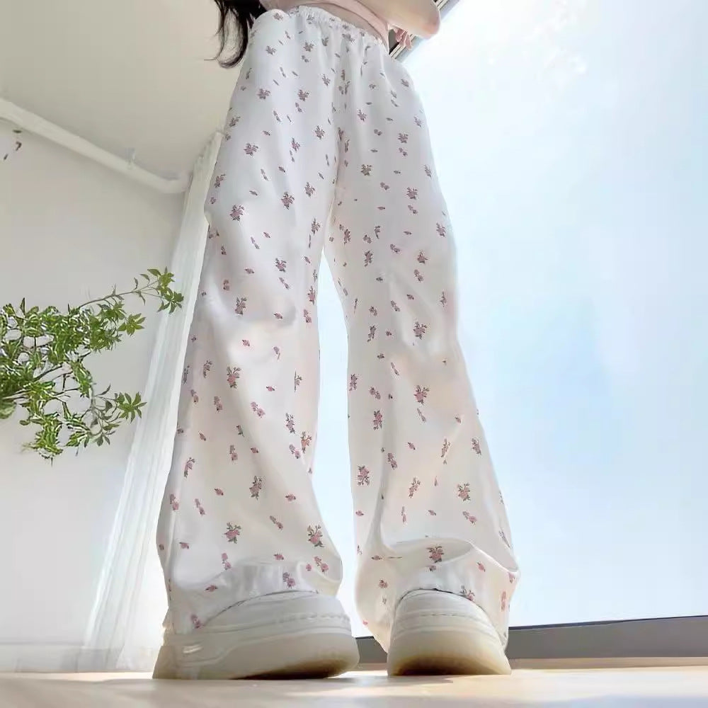 White Floral Overalls Women's Summer High Waist Wide Leg