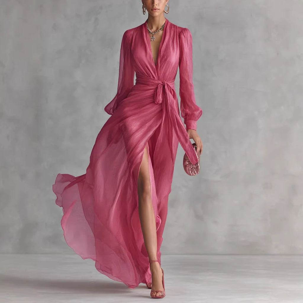 Casual Court-Style V-Neck Lace-Up Puff-Sleeve Dress