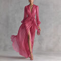 Casual Court-Style V-Neck Lace-Up Puff-Sleeve Dress