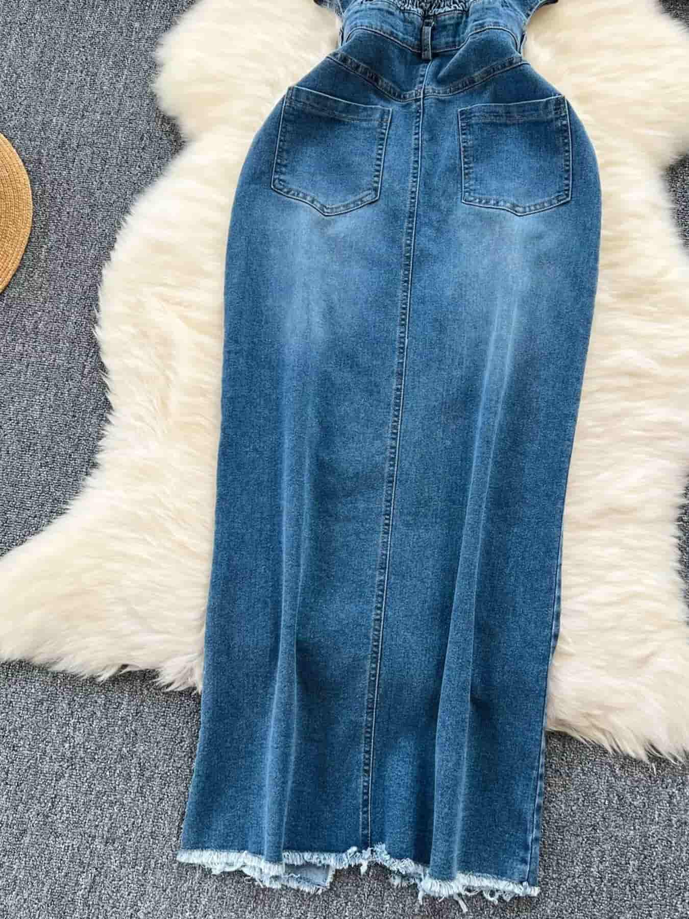 Sleeveless Frayed Hem Slit Denim Dress