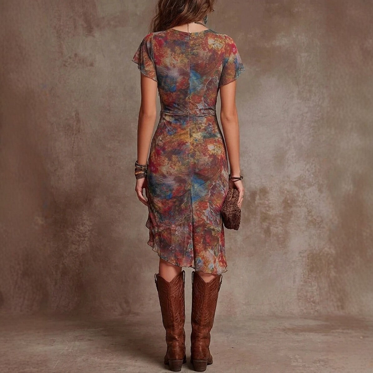 Womens Slim-fit Printed V-neck Defined-waist Dress