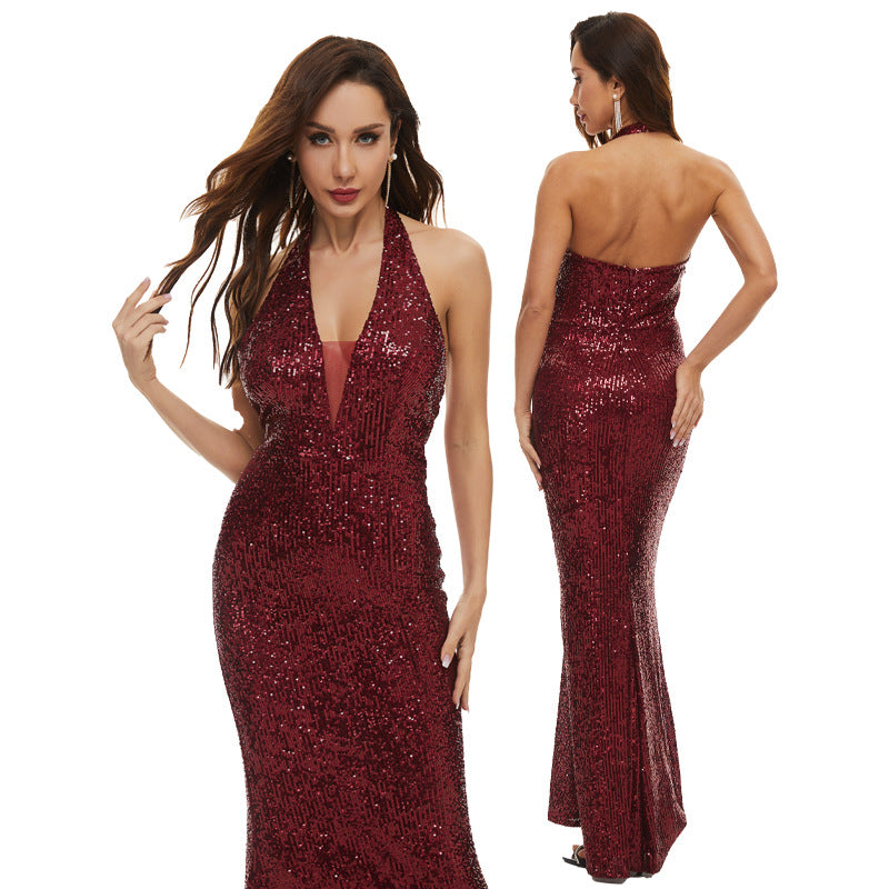 Deep V Sequin Banquet Dress