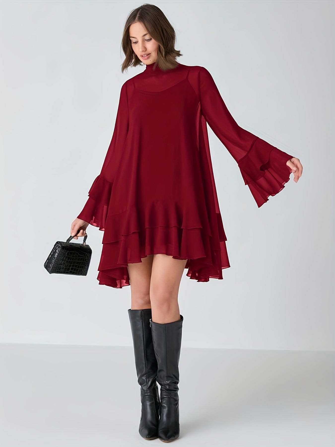 Chiffon Half-high Neck Dress With Flared Sleeves