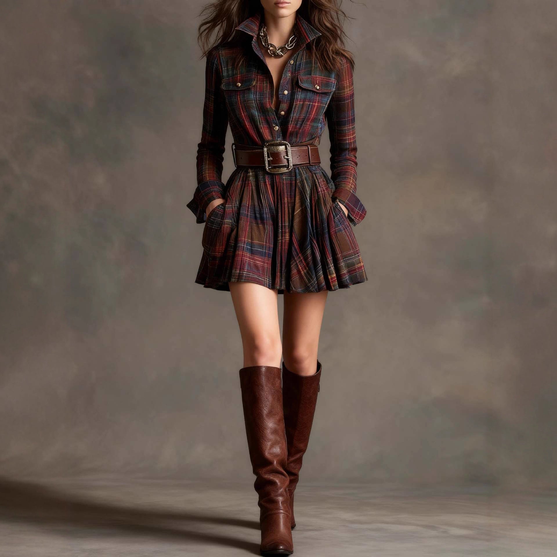 European And American Elegant Plaid Long Sleeve Short Dress Belt