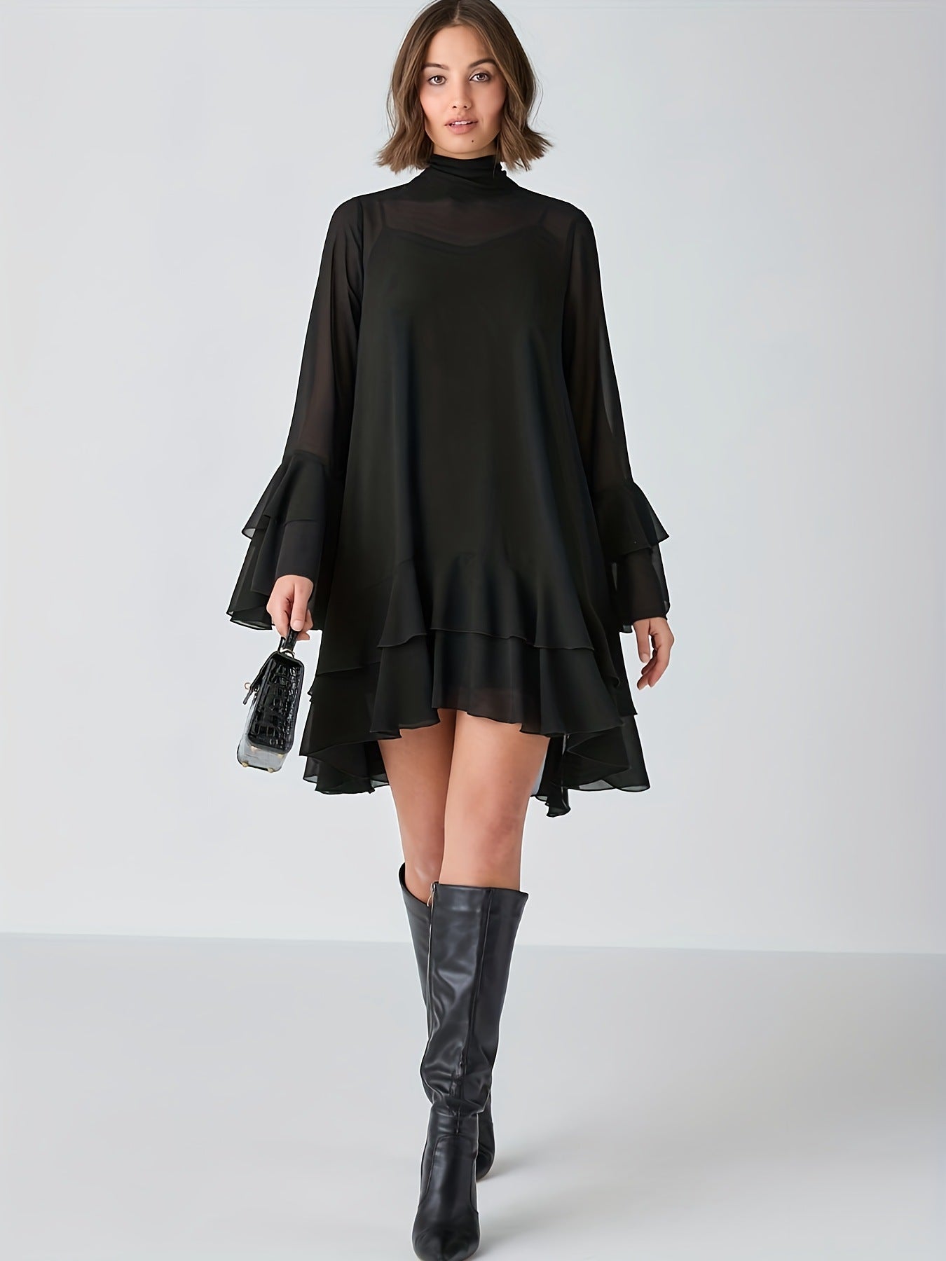 Chiffon Half-high Neck Dress With Flared Sleeves