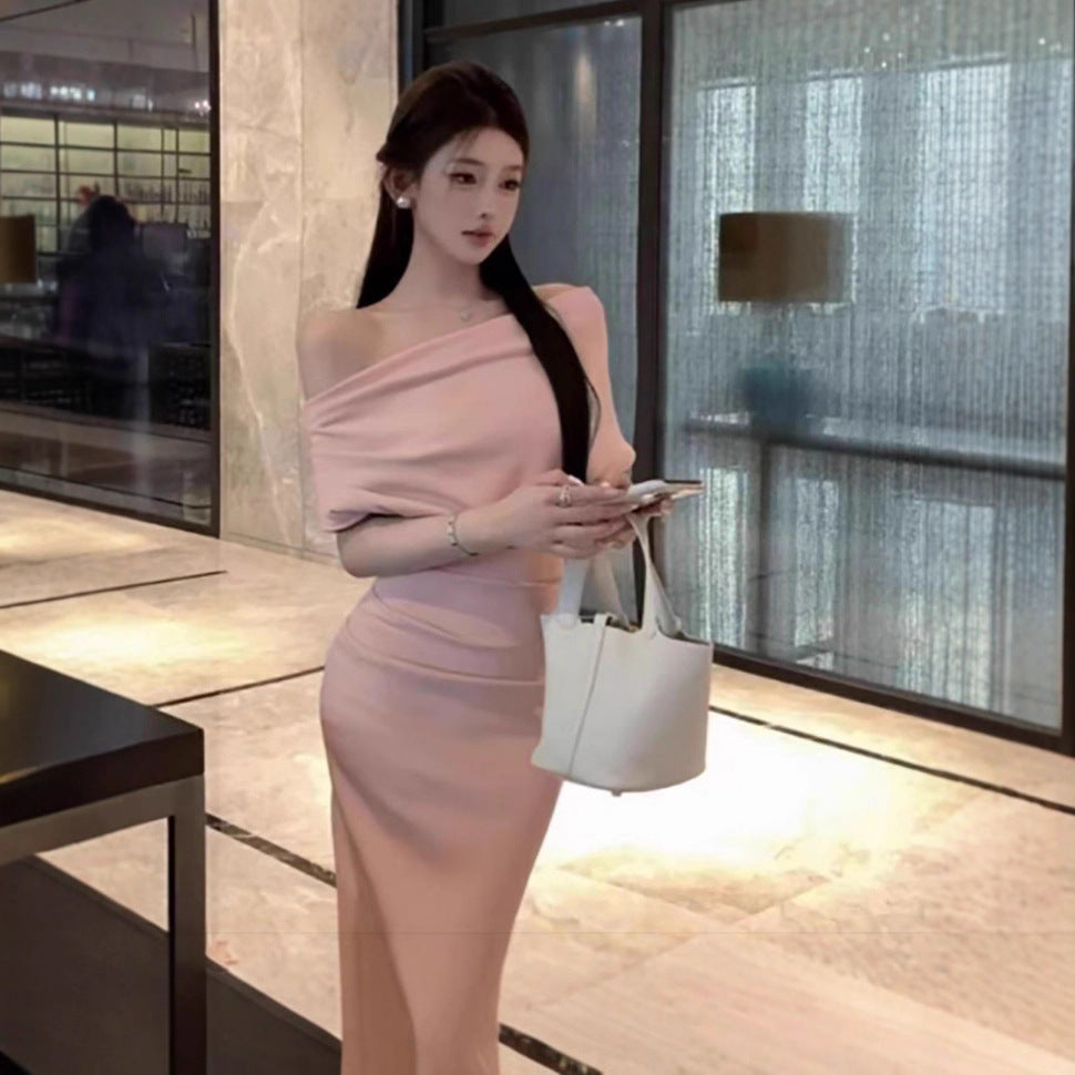Women's Modified Slim-fit Irregular Short-sleeve Off-shoulder Dress