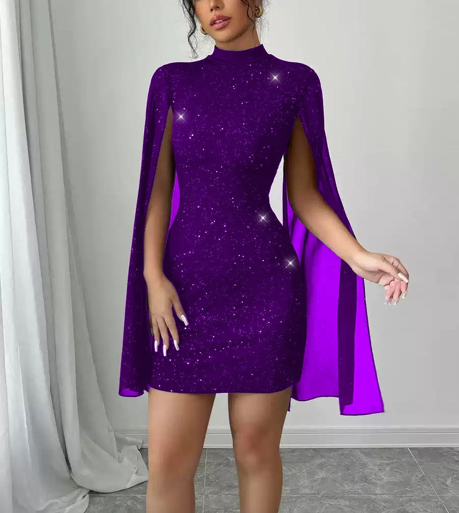 Sequin Shawl-Sleeve Dress