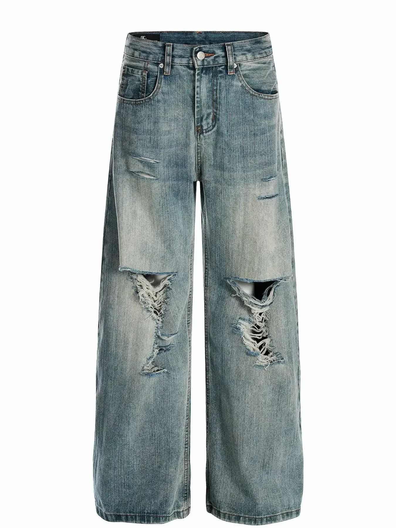 Men's Vintage Washed Distressed Wide Leg Jeans