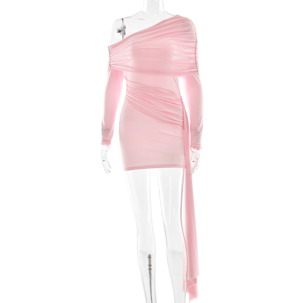 Slant-neck Off-shoulder Dress With Flowing Ribbons