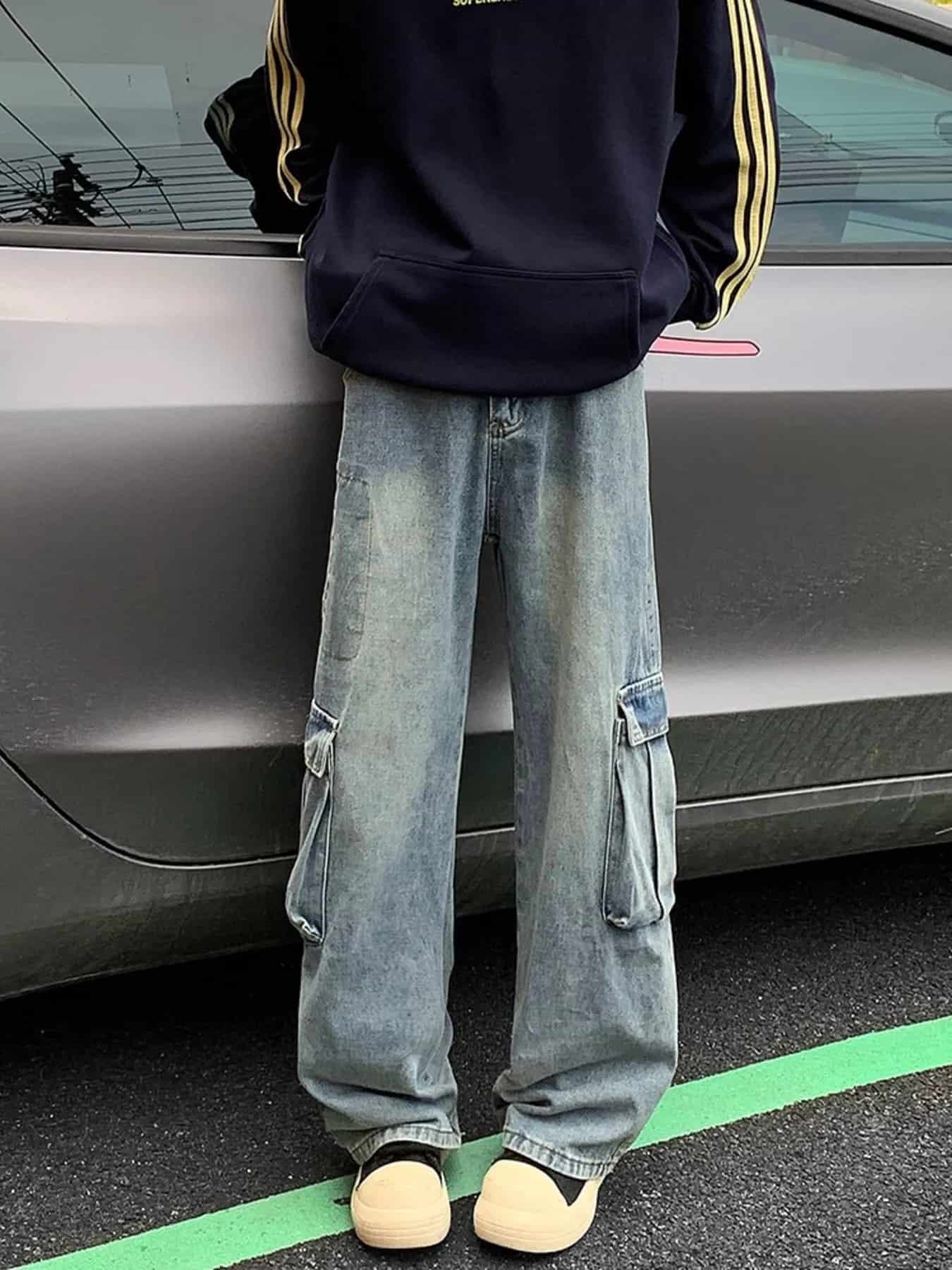 Men's Full Size Vintage Wash Wide Leg Cargo Jeans Plus Size