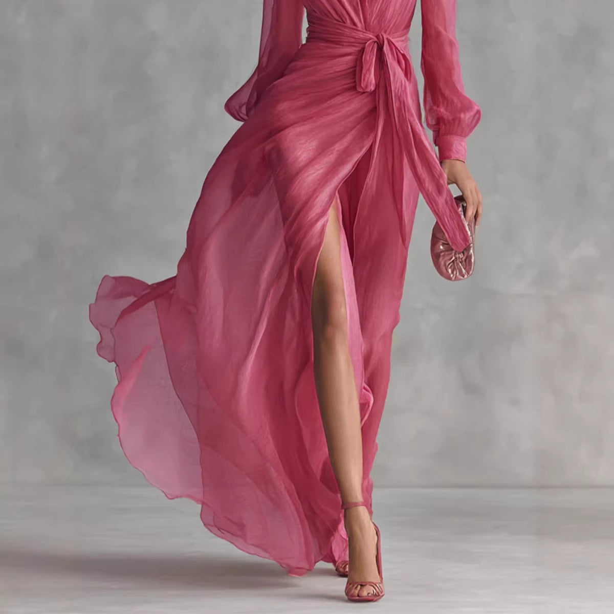 Casual Court-Style V-Neck Lace-Up Puff-Sleeve Dress