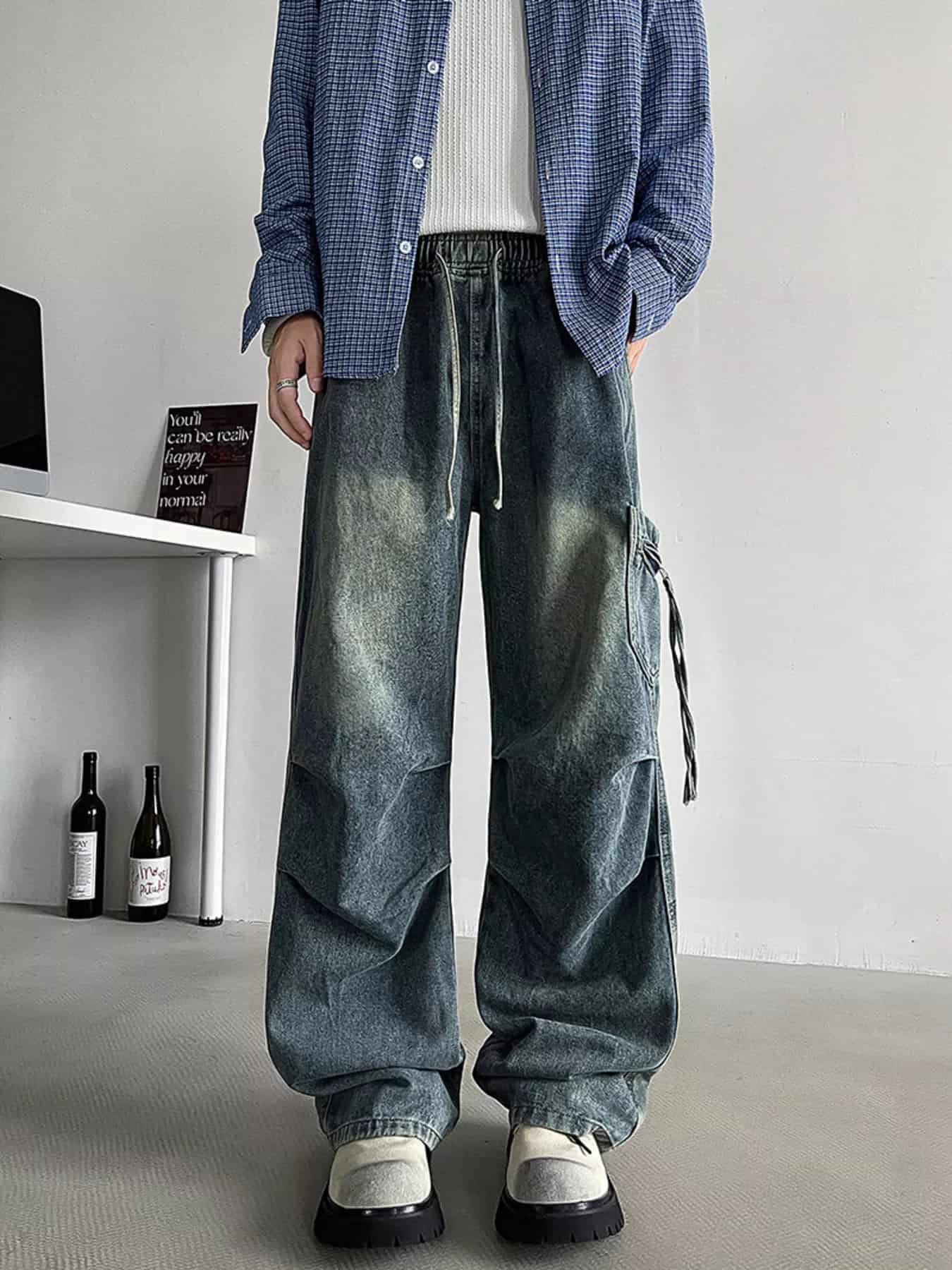 Men's Plus Size Loose Fit Cargo Jeans with Drawstring