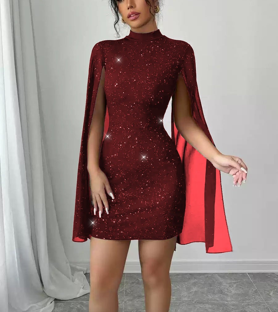 Sequin Shawl-Sleeve Dress