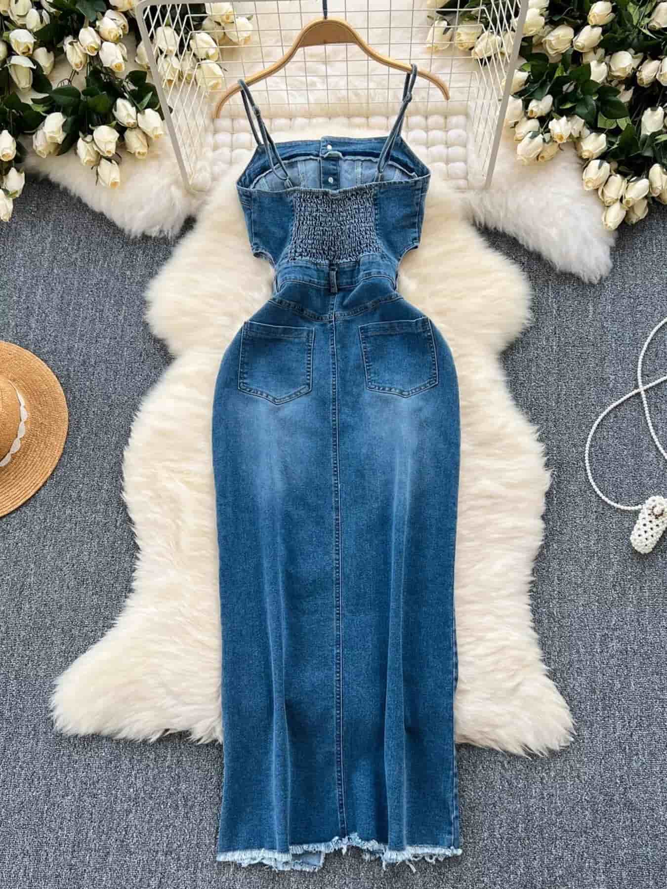 Sleeveless Frayed Hem Slit Denim Dress