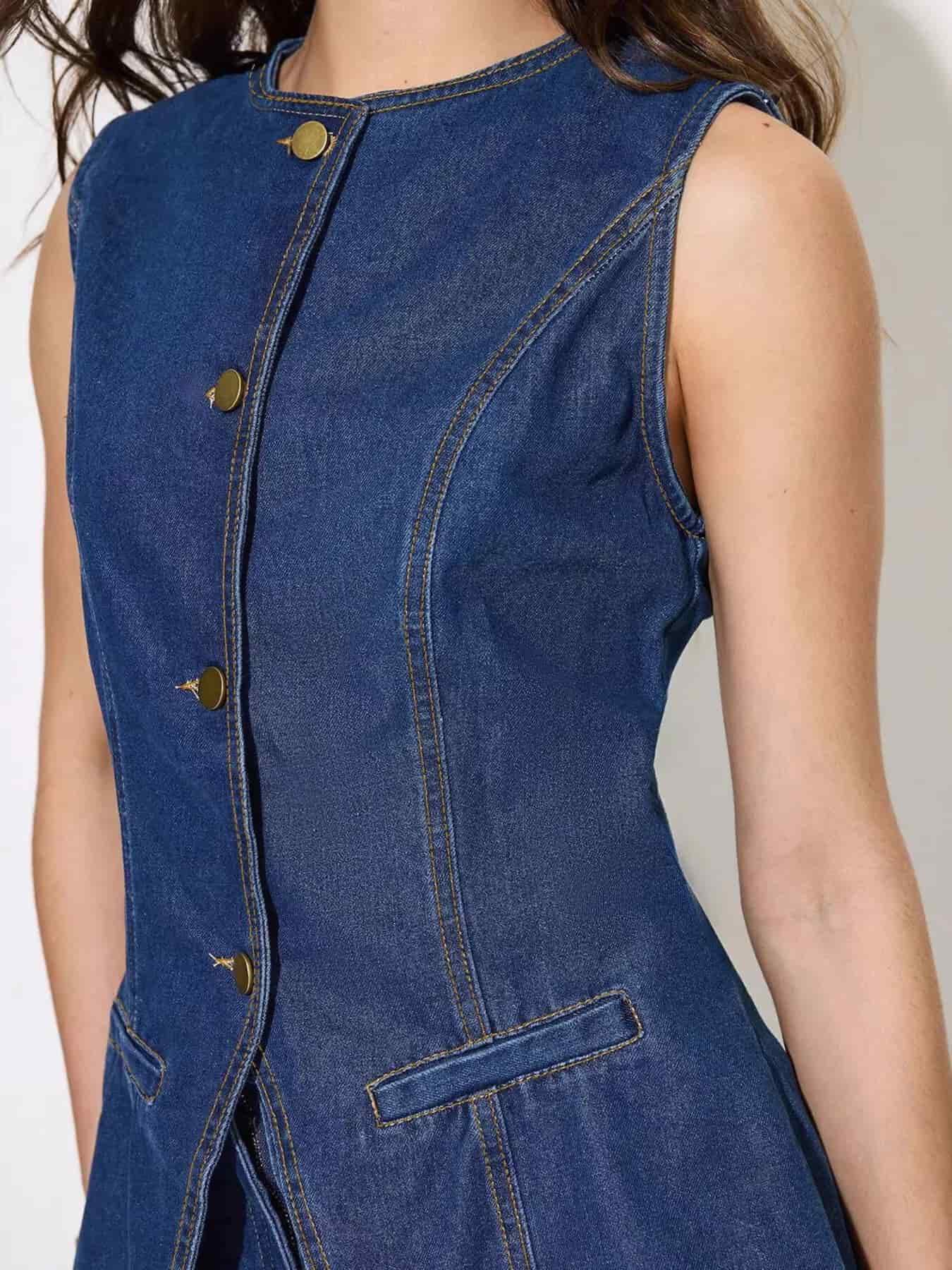 Button Up Sleeveless Denim Top