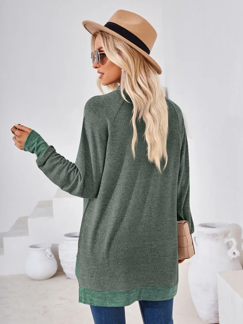 Army green casual T-shirt with mock neck design and contrast finishing details