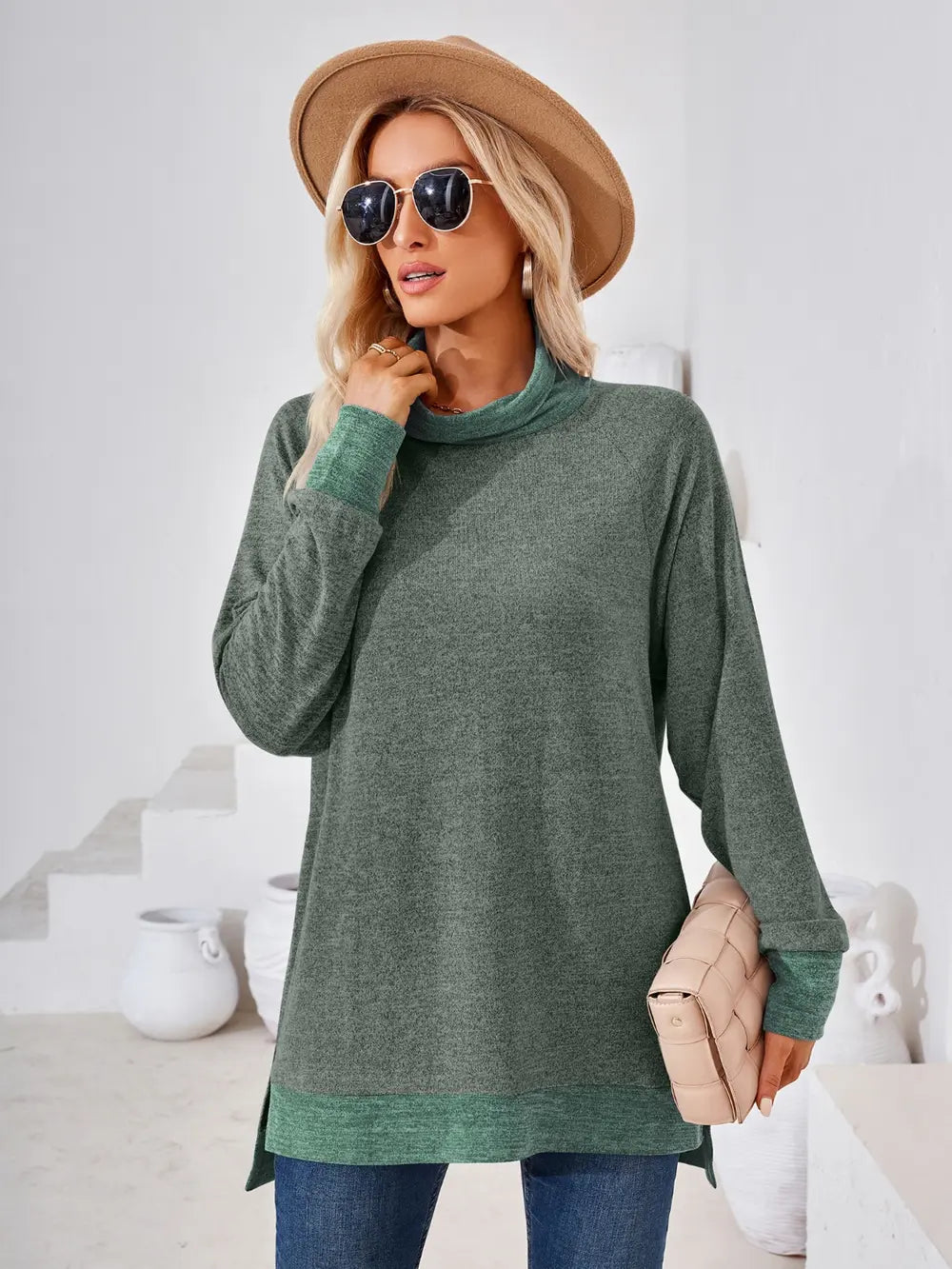 Army green mock neck long sleeve T-shirt with contrast trim and relaxed everyday styling