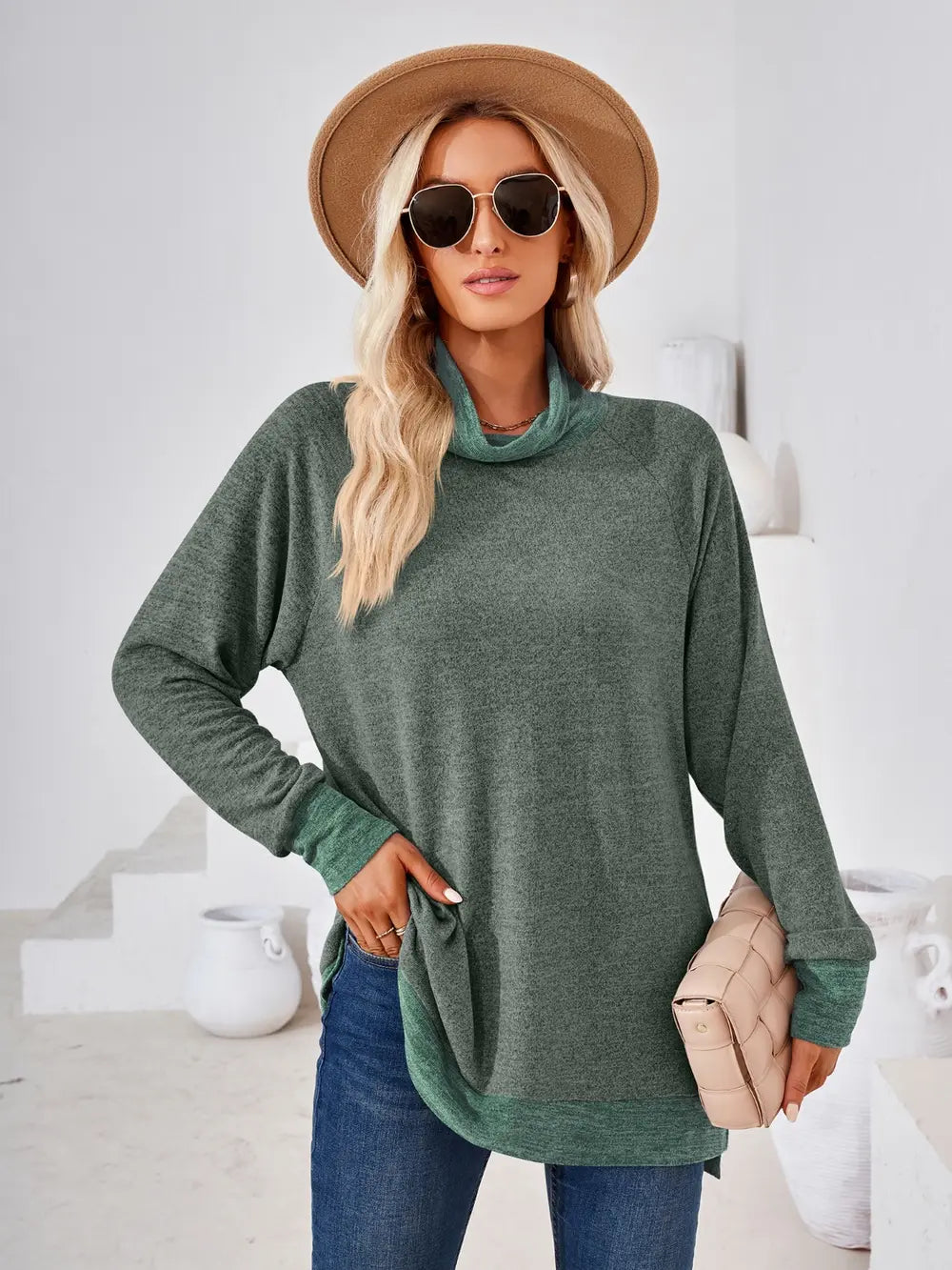 Army green women's long sleeve top featuring contrast neckline and soft stretch fabric