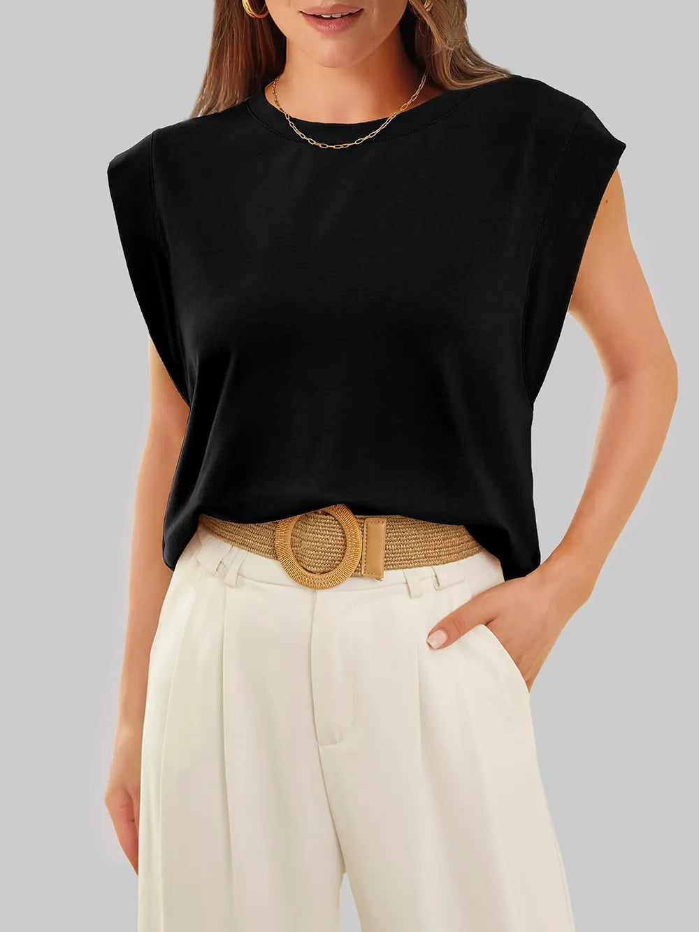 Black cap sleeve round neck everyday t-shirt front view women's casual wardrobe staple UK