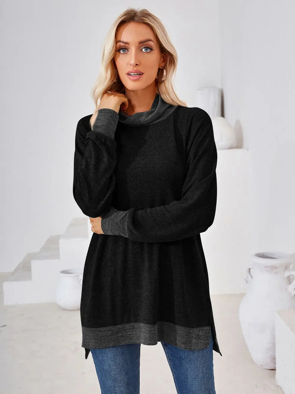 Black contrast mock neck long sleeve T-shirt with sleek silhouette and soft comfortable fabric