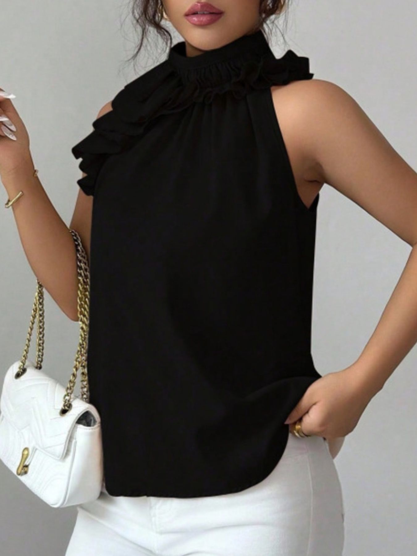 Black Sleeveless Ruffle Neck Top Side Profile