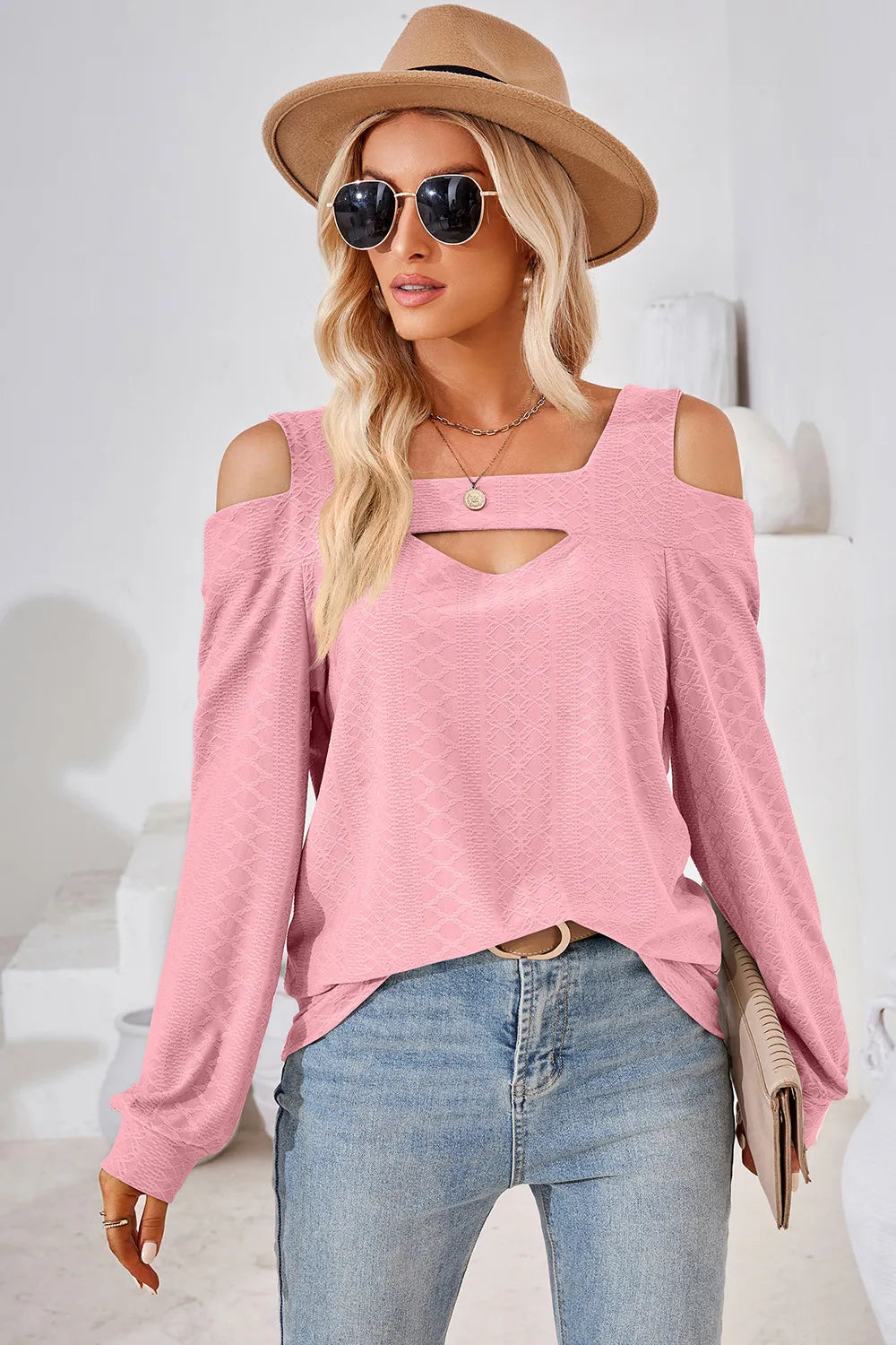 Blush pink cut out square neck cold shoulder top with feminine styling and long sleeves