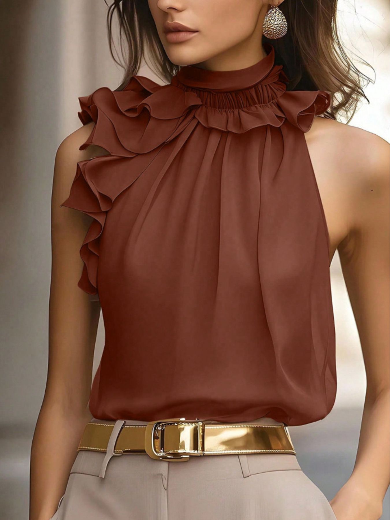 Brown ruffle high neck sleeveless top with decorative buttons and modern elegant design