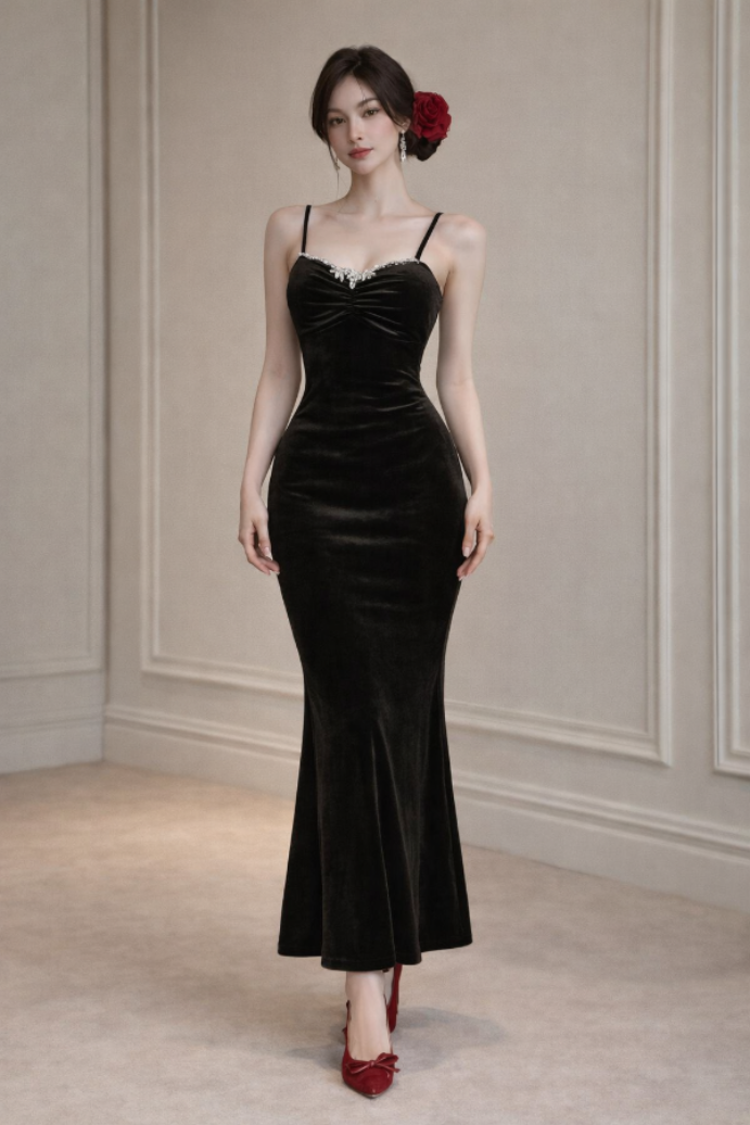 Crystal-Trim Velvet Column Gown